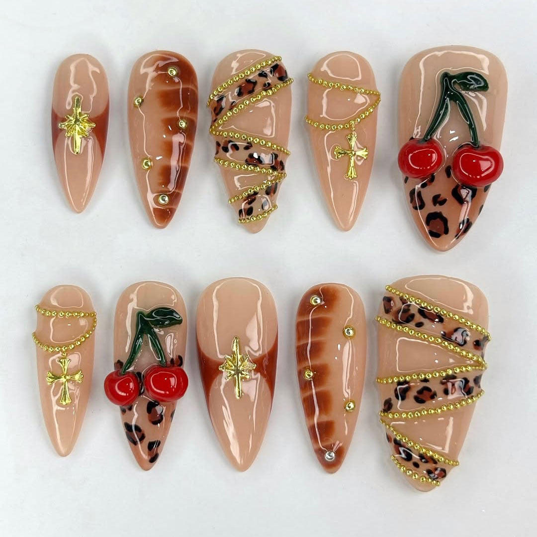 Cherry and Leopard Print Nails with Gold Cross Chains Handmade Luxury Design