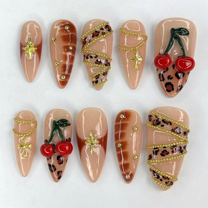 Cherry and Leopard Print Nails with Gold Cross Chains Handmade Luxury Design