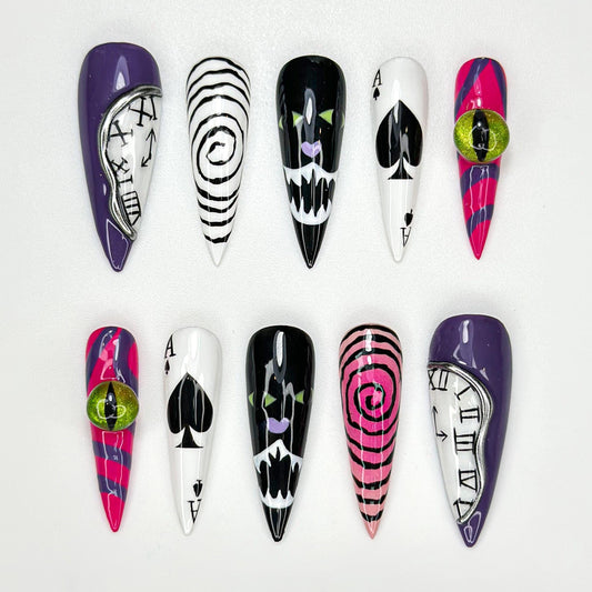 Cheshire Cat Wonderland Press On Nails - Gothic Playing Cards Illusion Nail Set
