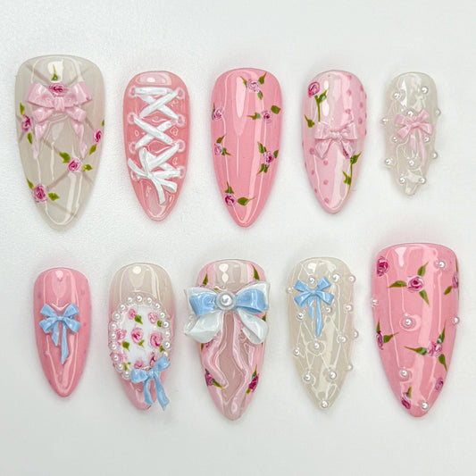 Chic Pink Floral Bow Nail Art Set