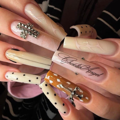 Chocolate Angel Press On Nails with Cross Stud and Polka Dot Accents