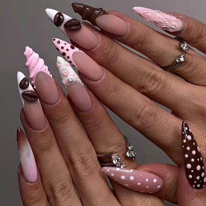 Chocolate Strawberry Swirl Press-On Nails with 3D Cream Accents