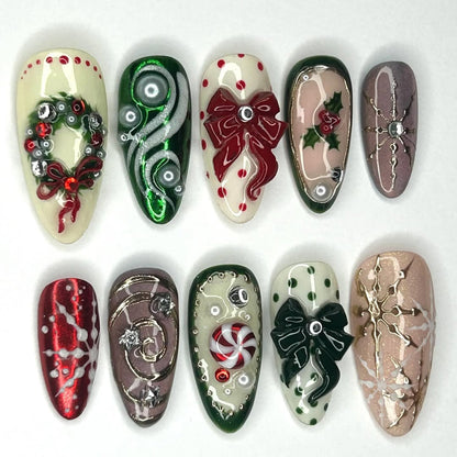 Christmas Bow Candy Cane Press On Nails with Holiday Wreath and Snowflake Details