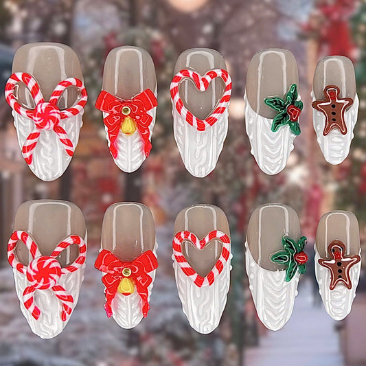 Christmas Candy Bow Press On Nail Set Winter Holiday Theme