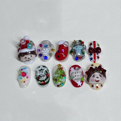 Christmas Cartoon Press On Nail Set Cute Holiday Festive Design