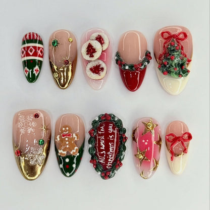Christmas Cookie Press On Nail Set Holiday Wreath Tree Design