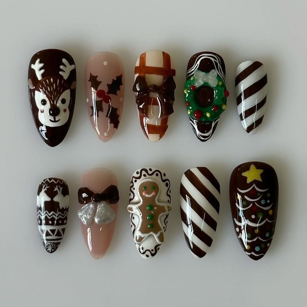 Christmas Gingerbread Chocolate Press On Nail Set Cute Holiday Nails