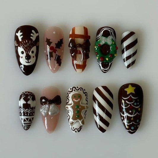Christmas Gingerbread Chocolate Press On Nail Set Cute Holiday Nails