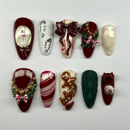 Christmas Gingerbread Press On Nail Set Red Bow Holiday Style