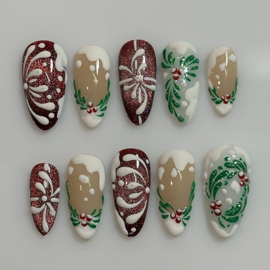 Christmas Gingerbread Press On Nails Brown White Holiday Cookie Art Set
