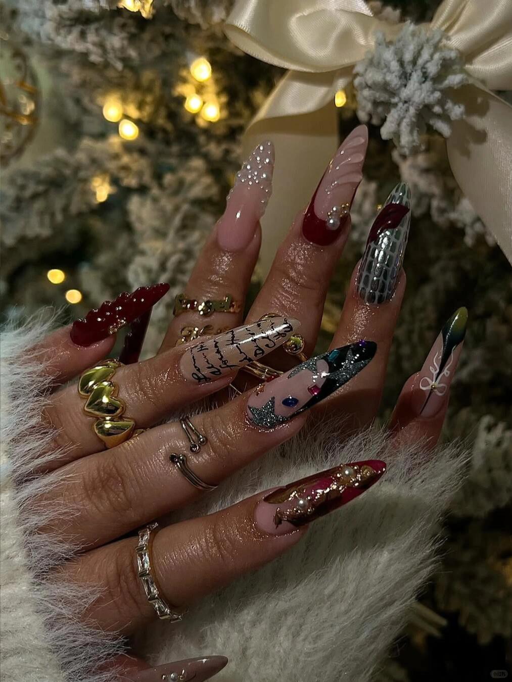 Christmas Glam Press On Nails with Pearl Accents and Script Details