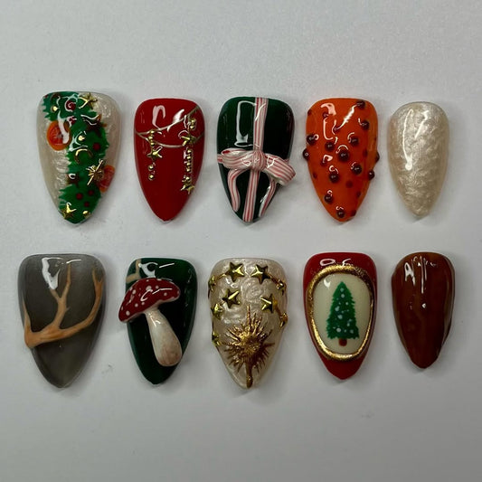 Christmas Holiday Press-On Nails with Trees, Gifts, Stars, and Festive Charm