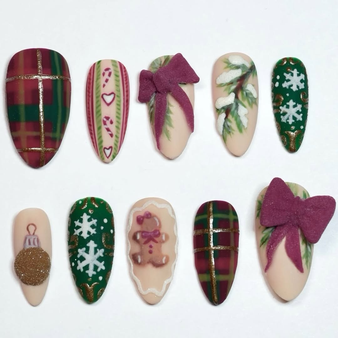 Christmas Plaid Bow Gingerbread Press On Nail Set Festive Winter