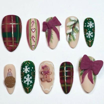 Christmas Plaid Bow Gingerbread Press On Nail Set Festive Winter
