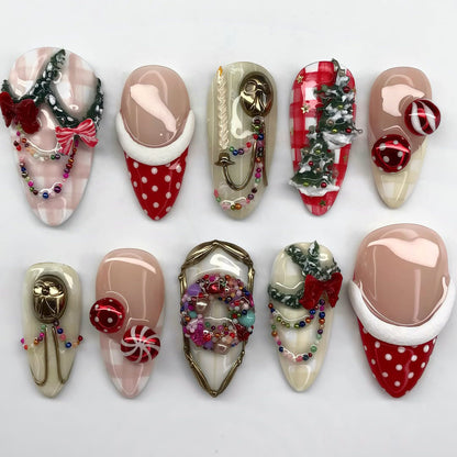 Christmas Plaid Press On Nails with 3D Wreath, Bow, and Candy Details