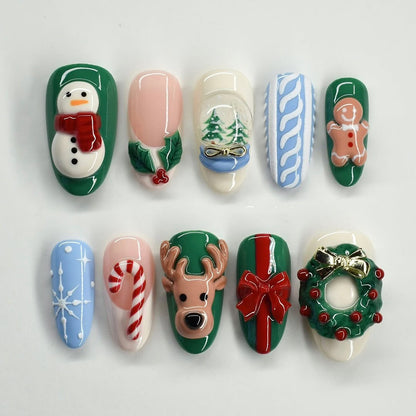 Christmas Press On Nails 3D Holiday Snowman Reindeer Nail Set
