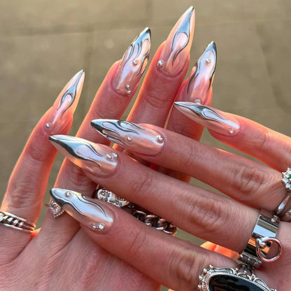 Chrome Flame Press On Nails - Chrome Flame Metallic Stiletto Nails