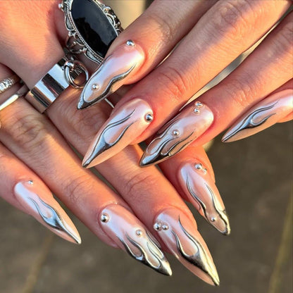 Chrome Flame Press On Nails - Chrome Flame Metallic Stiletto Nails