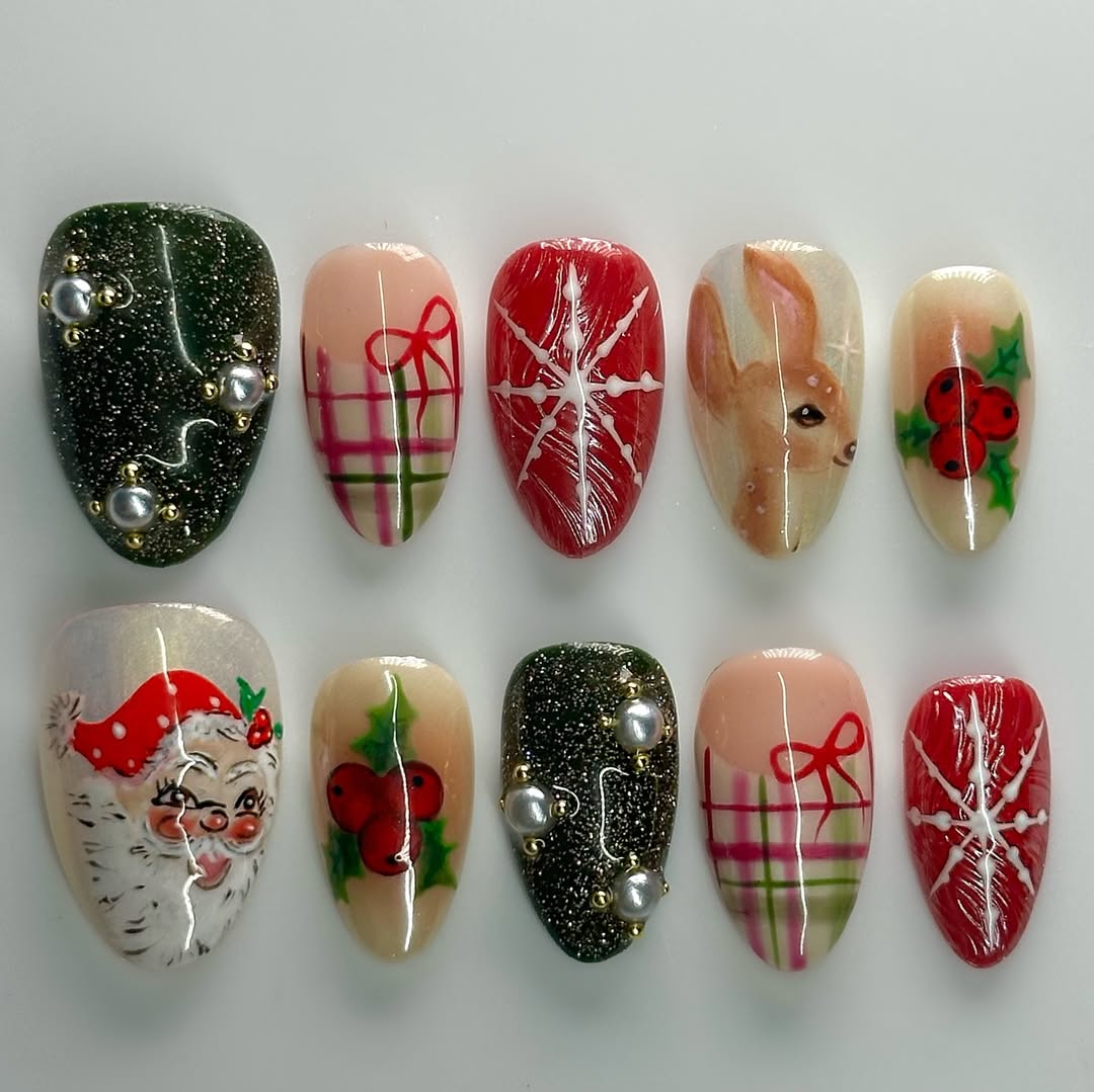 Classic Christmas Story Press On Nails Vintage Plaid Bow Snowflake Design