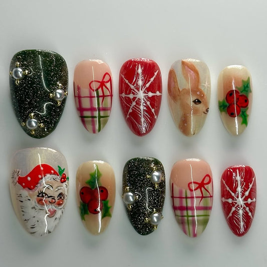 Classic Christmas Story Press On Nails Vintage Plaid Bow Snowflake Design