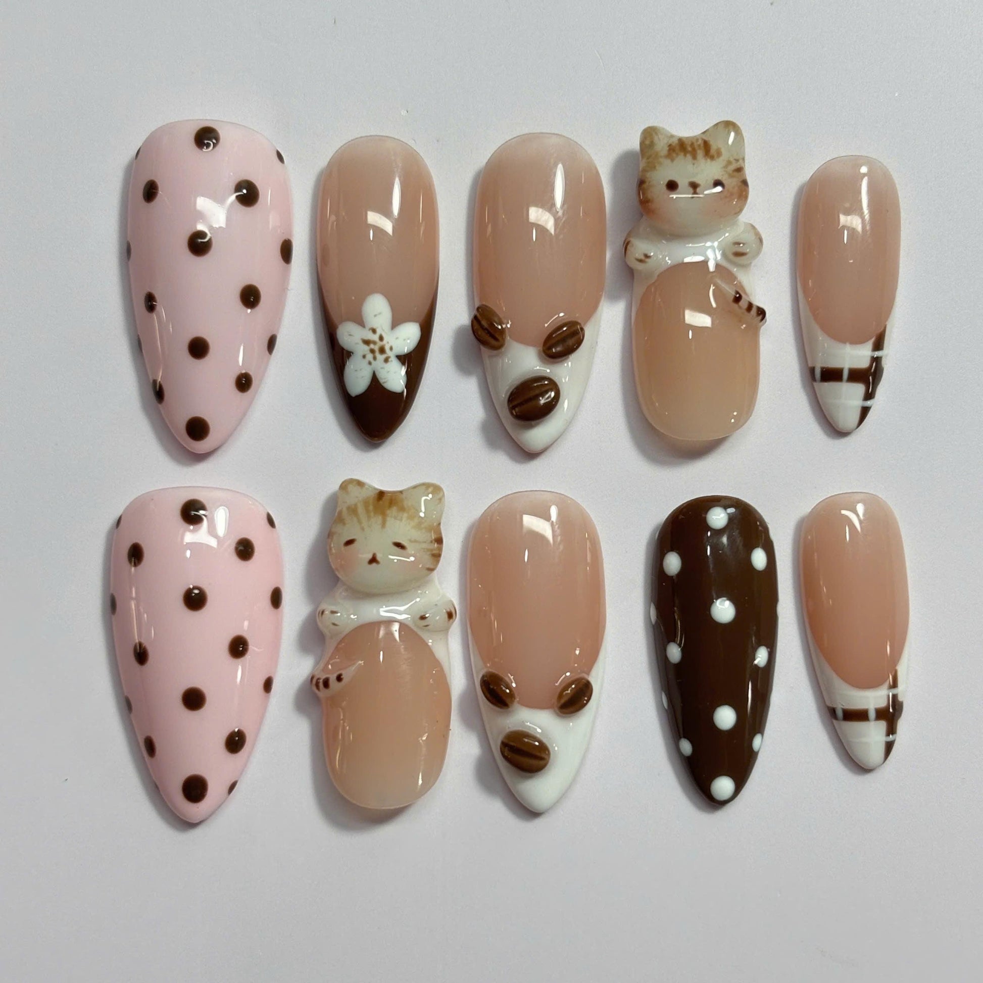 Coffee Cat Press On Nail Set Cute Brown Cream Style