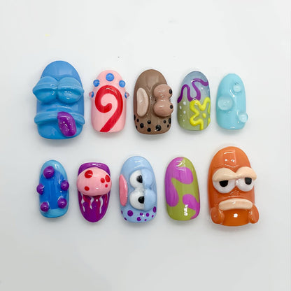 Color Pop 3D Abstract Press On Nails with Cartoon and Bubble Texture Details