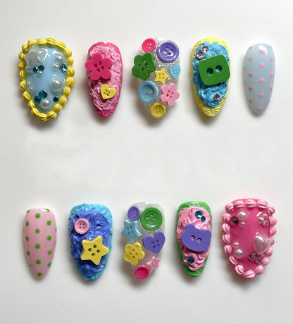 Colorful 3D Button Candy Kidcore Almond Handmade Press On Nails