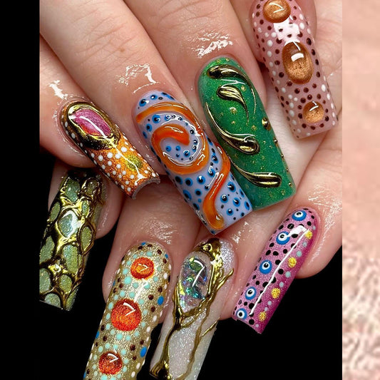 Colorful 3D Texture Press-On Nails with Floral Gems.