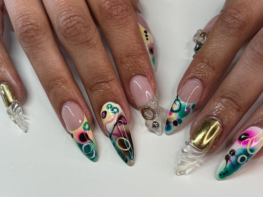 Colorful Abstract Jelly Press On Nails with Gold Tips & 3D Bubbles – Trendy Artistic Design