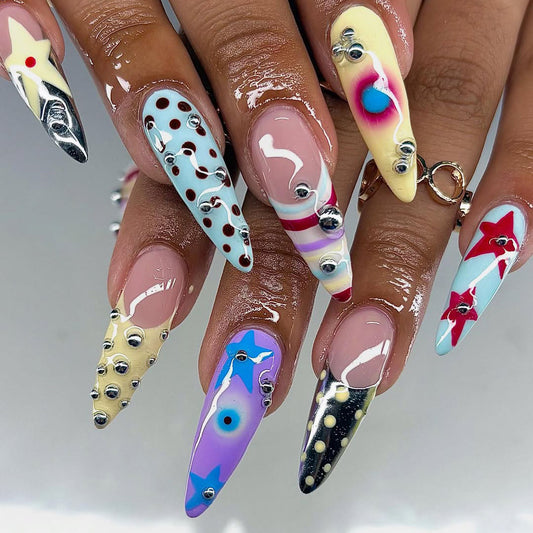 Colorful Abstract Press On Nails with Stars and Mixed Dot Details