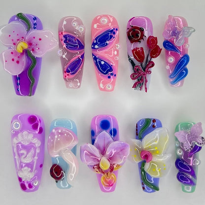 Colorful Floral Press On Nails Long 3D Art Set