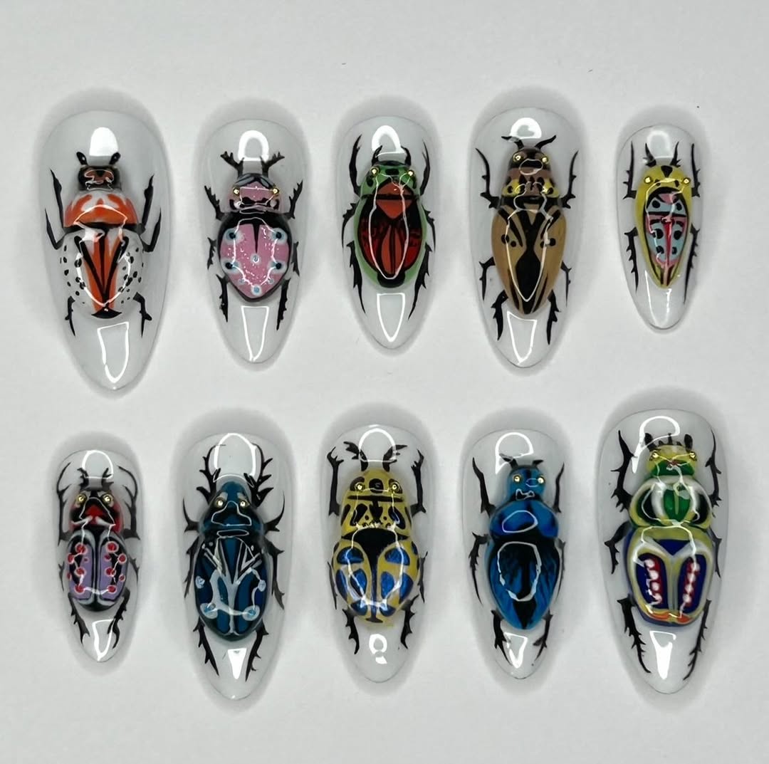 Colorful Insect Press On Nails with Artistic Beetle Hand Painting