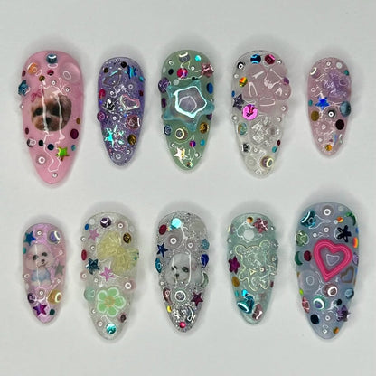 Colorful Puppy Glitter Press On Nails with Star and Heart Accents
