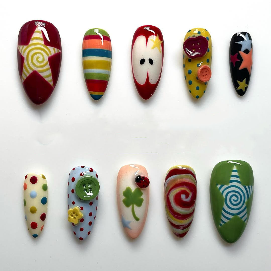 Colorful Whimsical Garden 3D Button Star Handmade Press On Nails