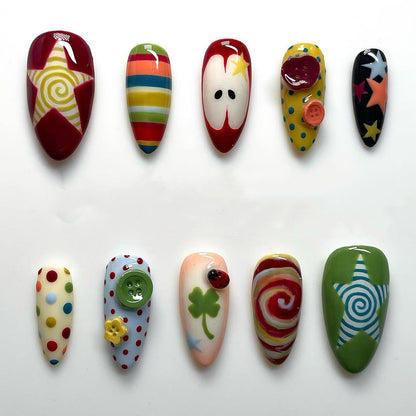Colorful Whimsical Garden 3D Button Star Handmade Press On Nails