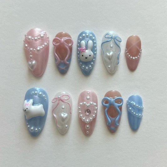 Coquette Bunny Bow & Pearl 3D Press-On Nails