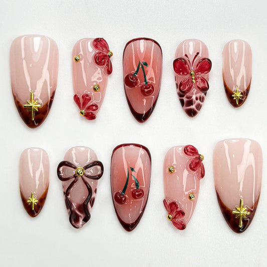 Coquette Cherry Butterfly 3D Bow Press-On Nails