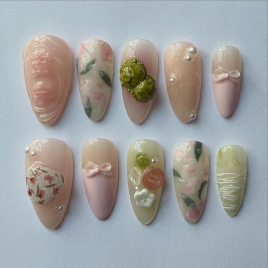 Coquette Floral Cottagecore Handmade Press On Nail Set Elegant Romance Design