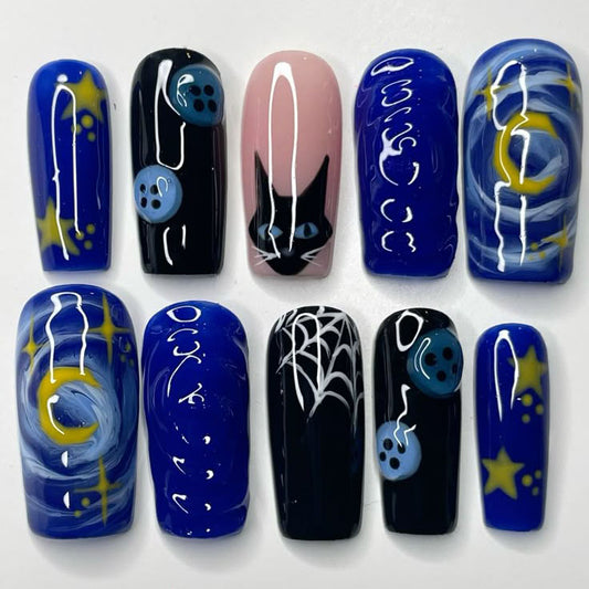Coraline Inspired Handmade Nails with Black Cat, Buttons and Night Sky