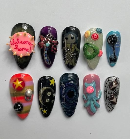 Coraline Inspired Press-On Nails with 3D Buttons and Spooky Art