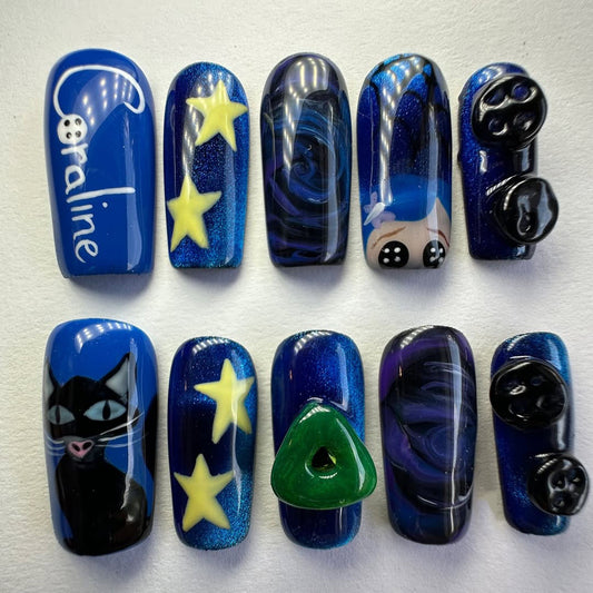 Coraline Inspired Press-On Nails with Stars, Buttons, Cat, and 3D Art