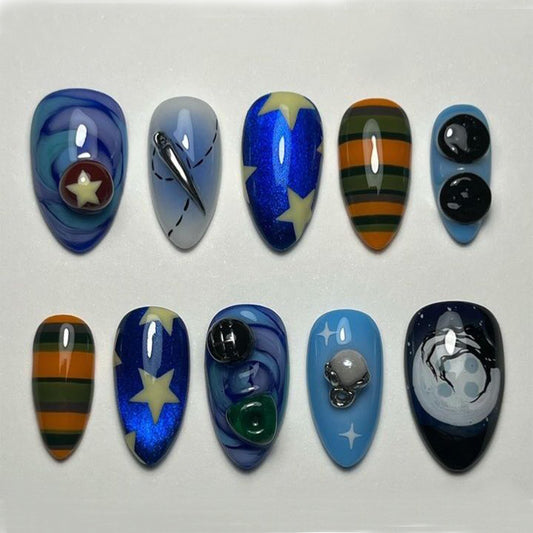 Coraline Inspired Press On Nails - Galaxy Star Moon Press On Nails