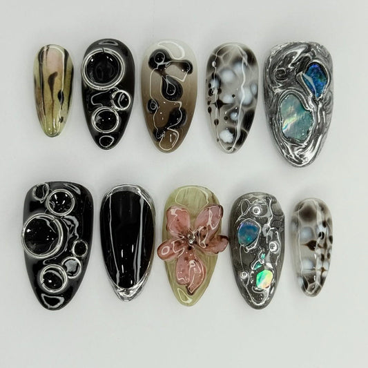 Cosmic Bloom 3D Press On Nails with Marble and Flower