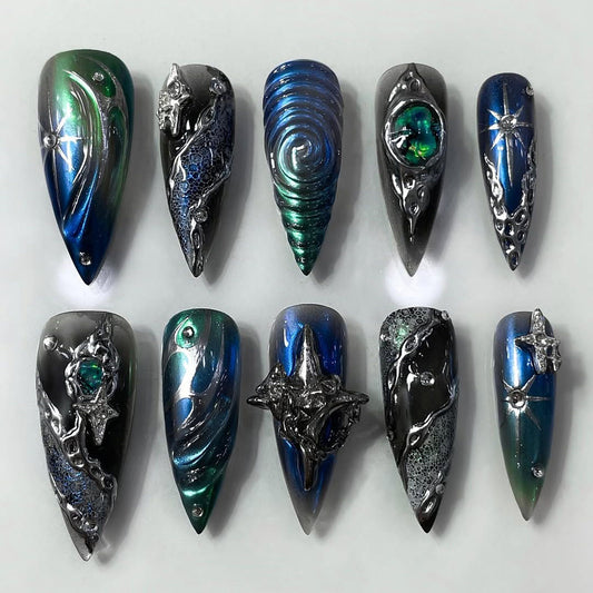 Cosmic Galaxy Star Swirl Metallic Gothic Handmade Nails