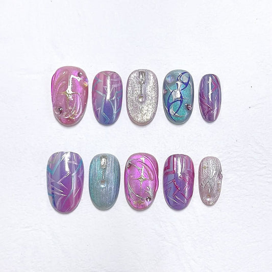 Cosmic Glow 3D Press On Nails with Holographic Constellation Design