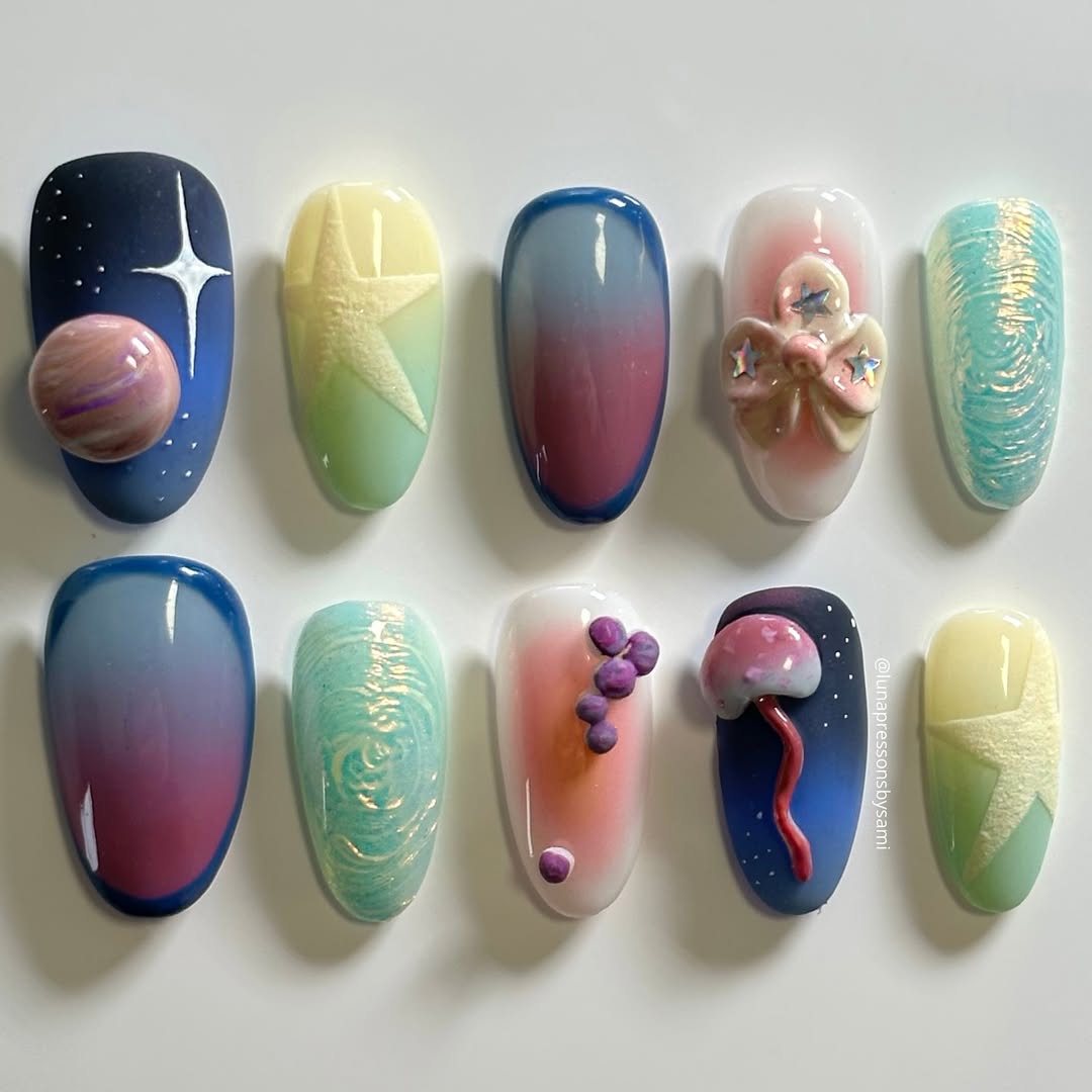 Cosmic Pastel Press On Nails Handmade Galaxy Star Art Set