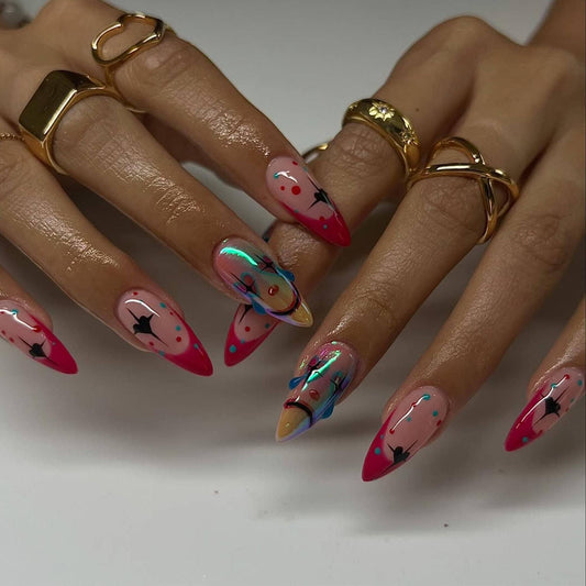 Cosmic Pink Press-On Nails with Holographic Planet and Smile Face