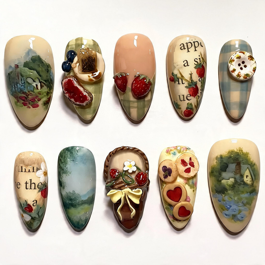 Countryside Cottage Press On Nails Strawberry Watercolor Handmade Art