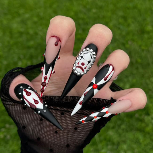 Creepy Clown Harlequin Press-On Nails with Gothic Blood Drip Art