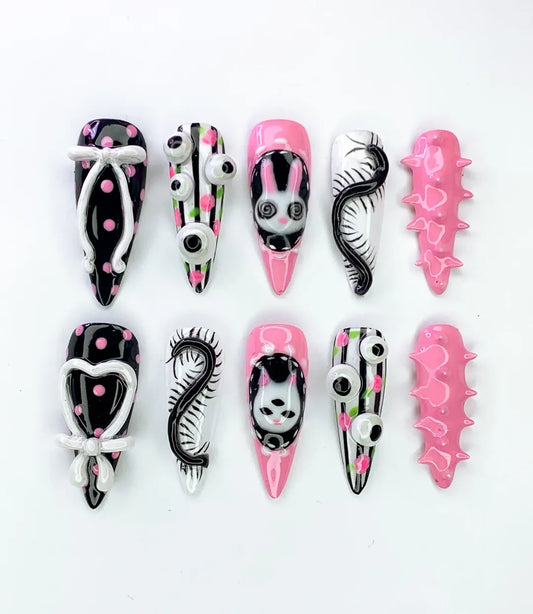 Creepy Cute Bunny Cat Eyes Spikes Pink Handmade Nails